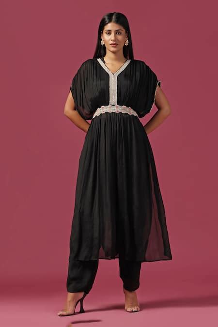 Buy Black Georgette Embroidery V-neck Neckline Kaftan Tunic And Pant ...