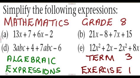 Mathematics Grade 8 Algebraic Expressions Exercise 1 Term 3 ...