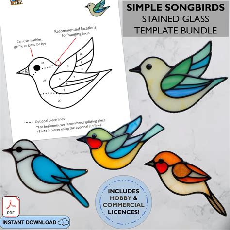 Simple Songbirds Stained Glass Pattern Templates, DIY Birds Bundle. PDF Digital Download ...