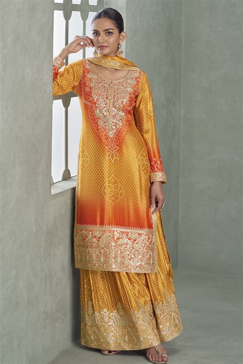 Shop for Yellow Orange Readymade Embroidered Chinon Silk Suit Online ...