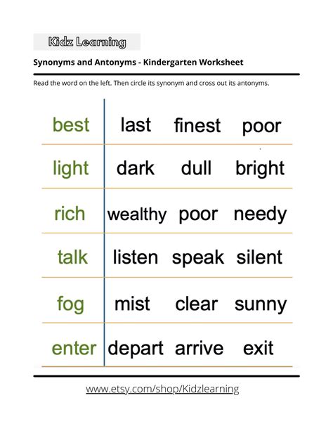 Synonyms Worksheets For 1st Grade