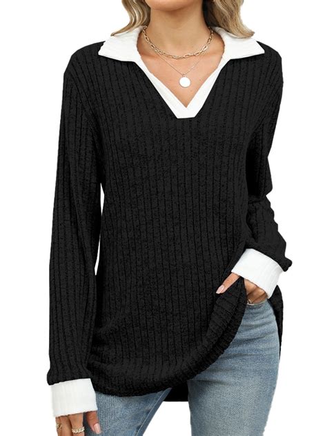 TEMOFON womens long sleeve Tops V-Neck Pullover Ribbed Knitted ...