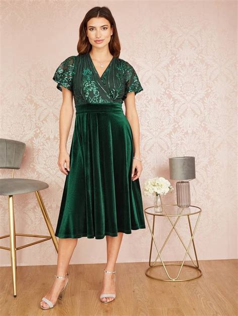 Yumi Sequin Bodice Velvet Skater Midi Dress, Emerald, 18