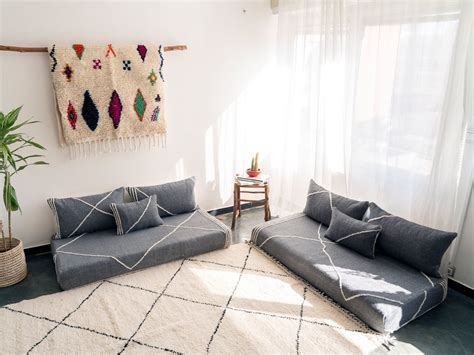Moroccan Floor Sofa Set – Charcoal with White Berber Lines