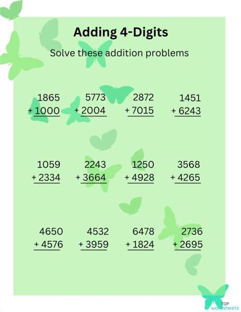 Image result for Adding 4 Digits Numbers Worksheets