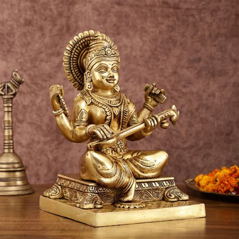 12" Pure Brass Goddess Saraswati Statue - Symbol of Wisdom & Art ...