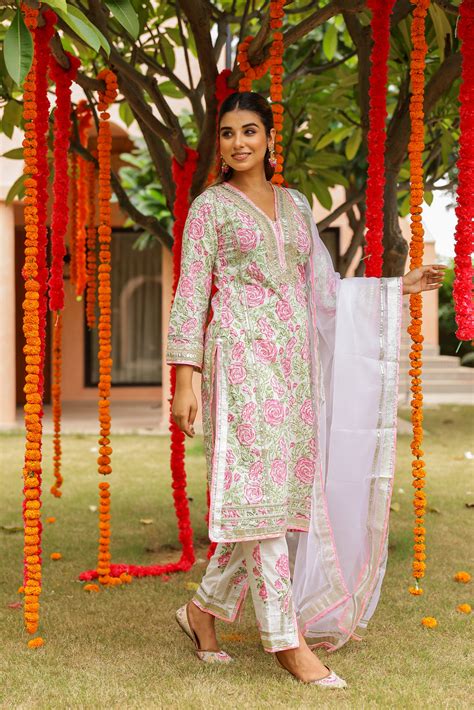 Blush Floral Elegance Gota Handblock Cotton Suit Set with Dupatta ...