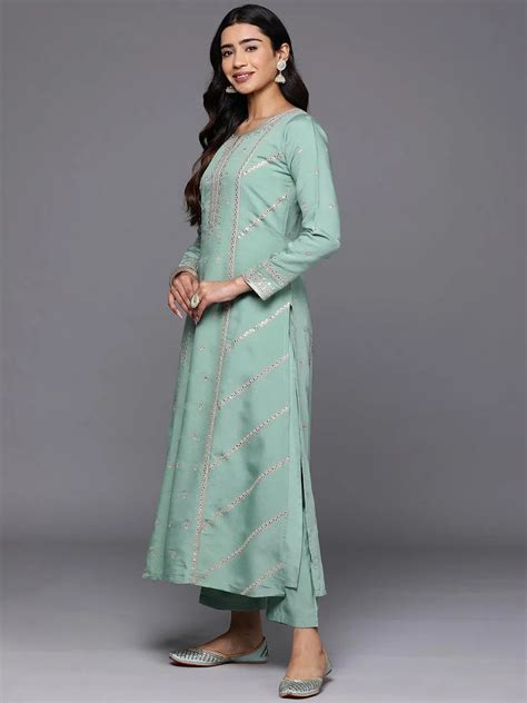 Buy Libas Art Sea Green Embroidered Silk Blend A-Line Kurta With ...