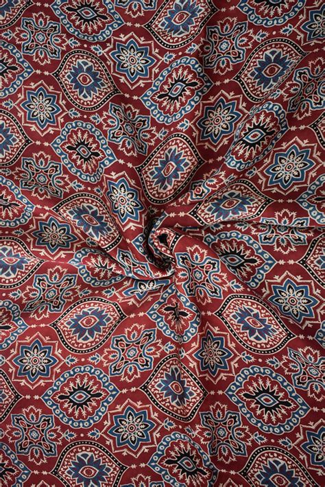 Beautiful Modal Silk Ajrakh Hand Block Print Fabric - 2.5 mtrs cut ...