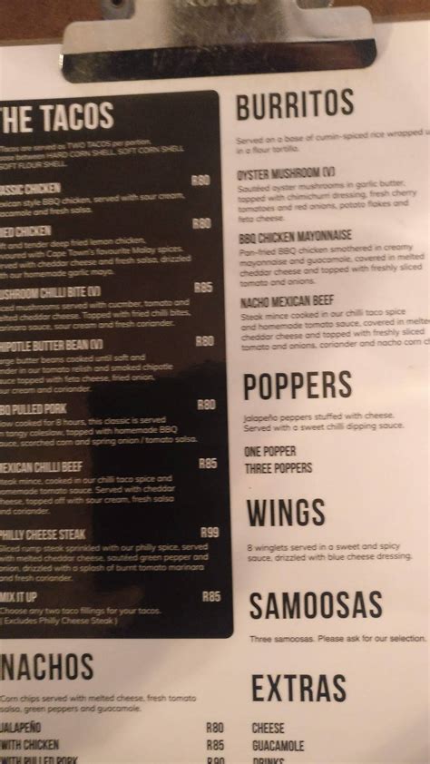 Menu at Tacos Locos restaurant, Cape Town