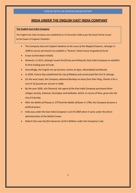 Concise Notes ON Modern Indian History - INDIA UNDER THE ENGLISH EAST ...