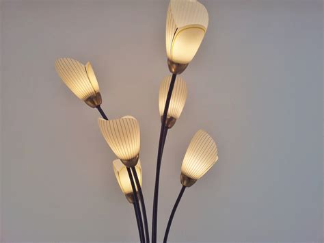 1960`s floor lamp by `Lustrerie Massive`, tulip glass flowers, brass ...
