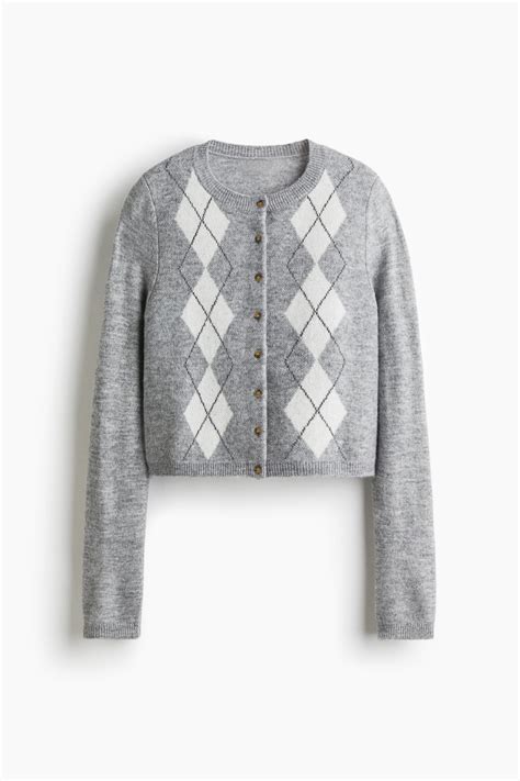 Women's Gray melange/argyle Jacquard-Knit Cardigan | H&M CA