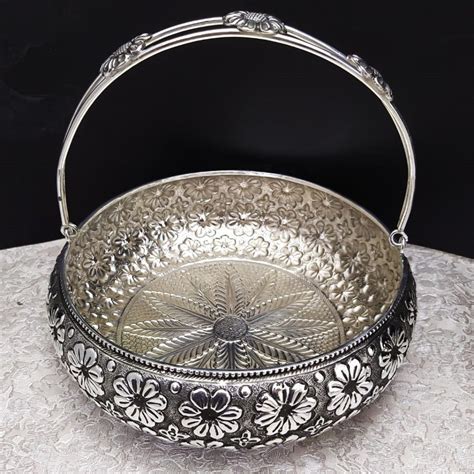 Buy quality pure silver floral fruit basket in fine carving by puran ...