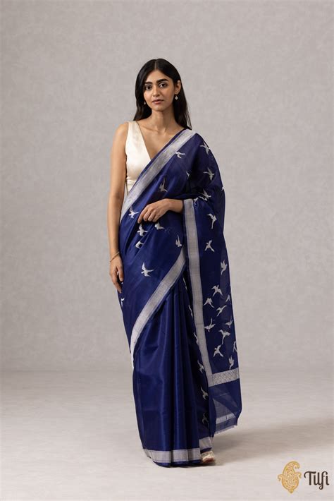 Pre-Order: Navy Blue Pure Kora by Cotton Banarasi Handloom Saree - Tilfi