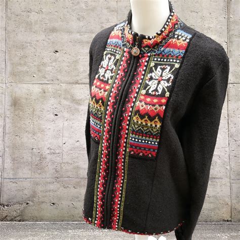 ICELANDIC DESIGN E mboridered Tyrolean Wool Zipup Knit Sweater Outer ...