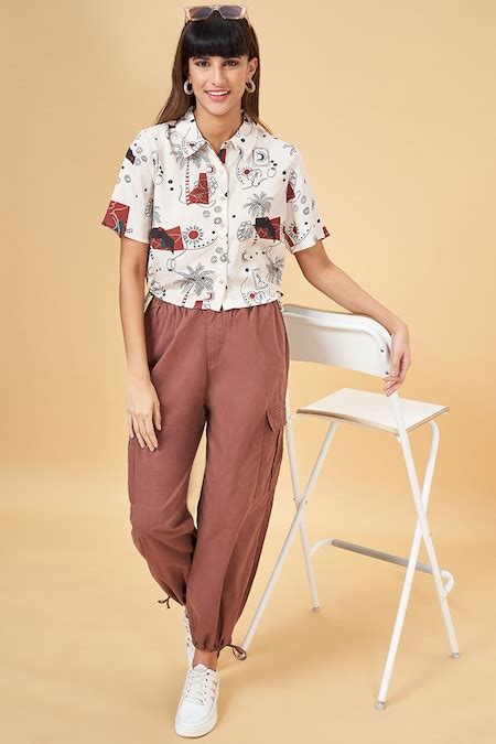 Peach Printed Casual Half Sleeves Mandarin Collar Women Boxy Shirts ...