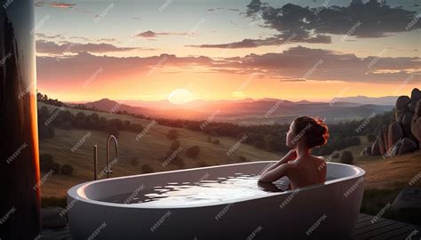 Premium AI Image | Young woman take bath outdoor at sunset girl rear view to nude back take ...