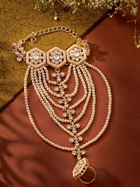 Priyaasi Geometrical Pearl Layered Design Gold Plated Adjustable Hathp