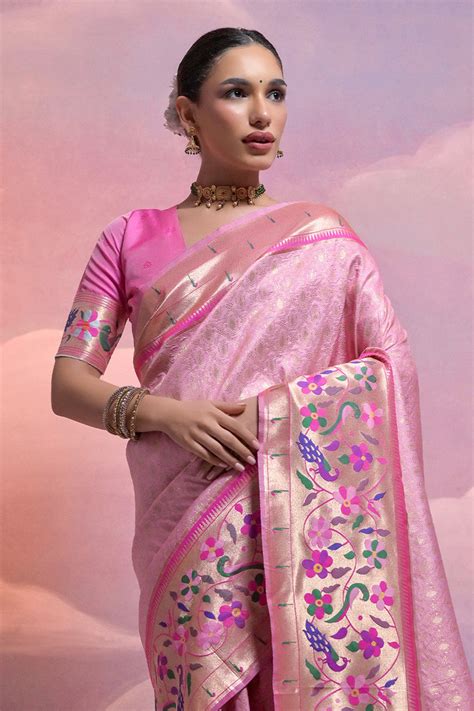 Buy Pink Paithani Silk Blend Saree With Blouse Piece 21958 Online ...