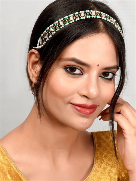 Buy Gold Plated Green Stone Meenakari Matha Patti Head Jewellery for ...