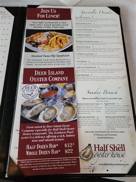 Menu at Half Shell Oyster House restaurant, Biloxi, 125 Lameuse St