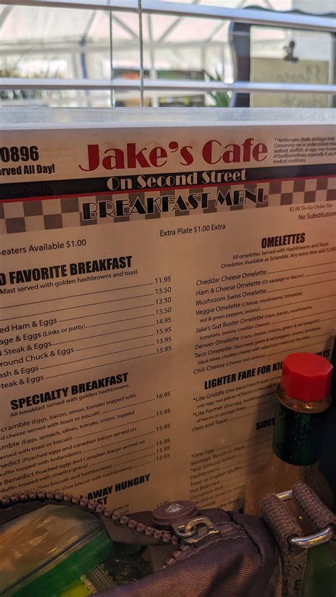 Menu at Jake's Cafe on 2nd Street, Snohomish