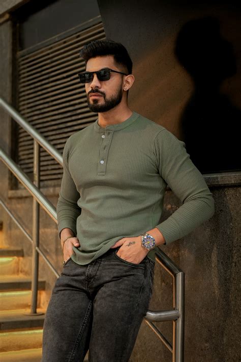 Gritstones Greenish Grey Self Waffle Knit Henley T-Shirt