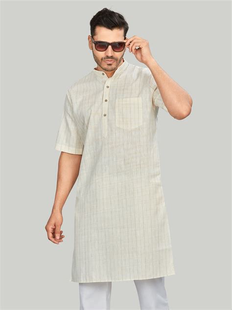 Classic Cotton Linen Slub Striped Modi Kurta, Half Sleeves, Yellow, Re ...
