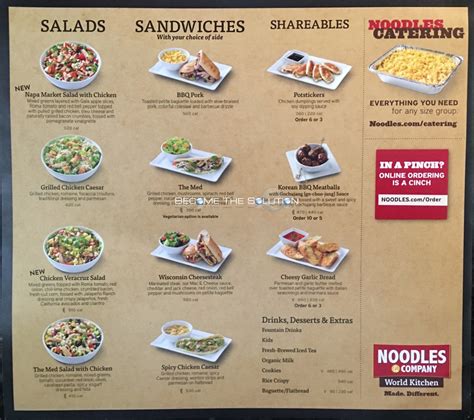 Noodles And Company Carry Out Menu Chicago (Scanned Menu With Prices)