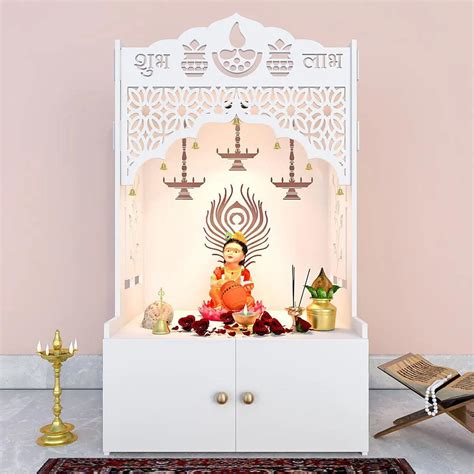 White Wooden Floor Pooja Mandir with Shubh Labh Design Floral & Peacoc ...