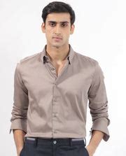 Rare Rabbit Men's Holand Beige Satin Plain Regular Fit Full Sleeve Col