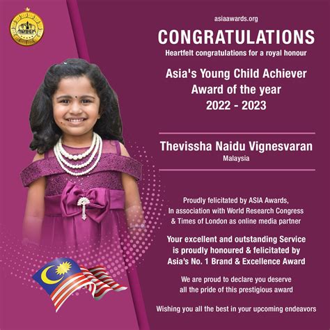 Thevissha Naidu Vignesvaran has bagged Asia's Young Child Achiever Award
