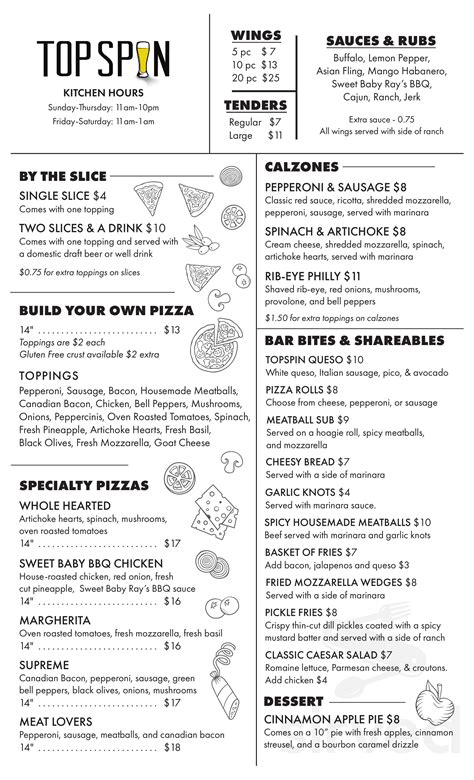 TopSpin menu in Cedar Park, Texas, USA