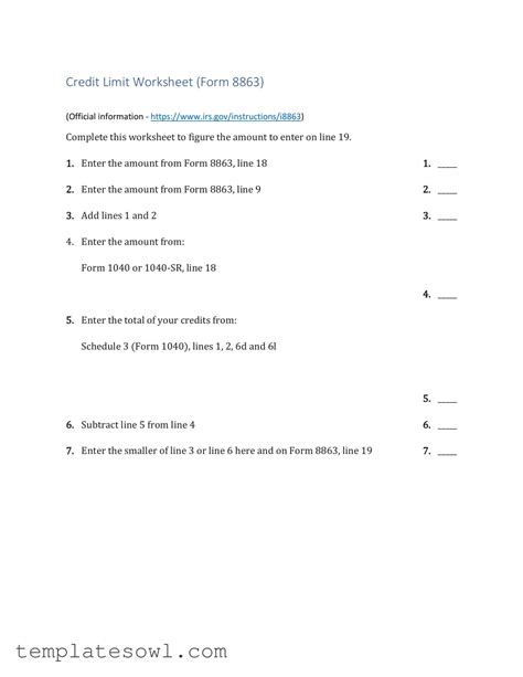 Download 8863 Credit Limit Worksheet Form • TemplatesOwl