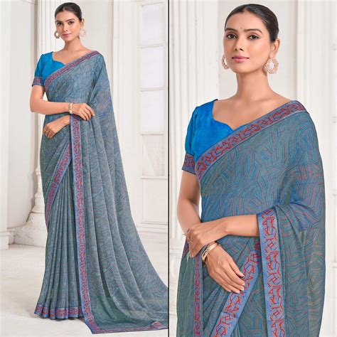 Bluish Grey Geometric Printed Chiffon Saree With Lace Border