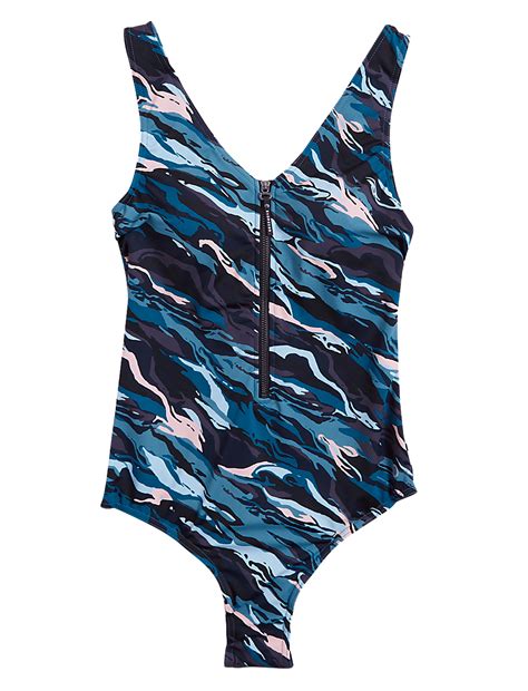 Buy Marble Print Zip Up Plunge Swimsuit at Marks & Spencer