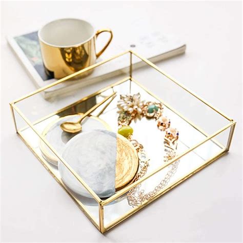 Ruhi Collections Square Glass with Brass Rim Mirror Base Vanity Tray ...