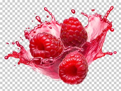 Framboises dans des éclaboussures de jus isolées sur un fond blanc et ...