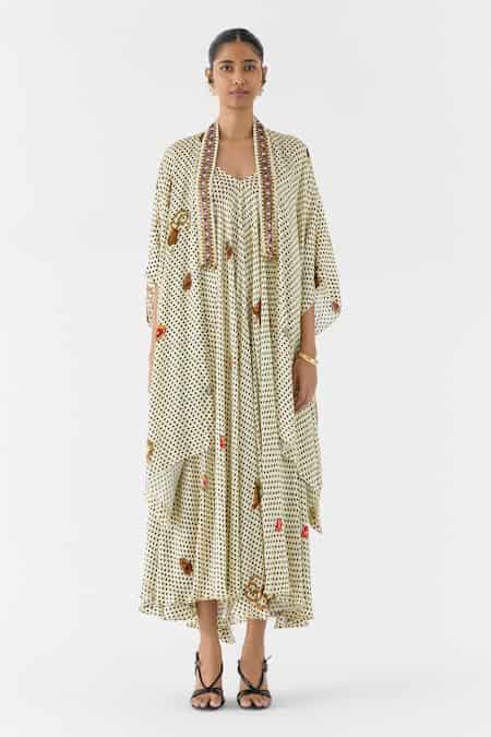 Buy White Vegan Silk V-neck Pearl Polka Dot Strappy Dress And Cape Set ...