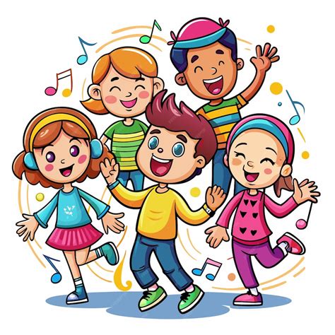 Four happy cartoon kids dancing to music | Premium AI-generated vector