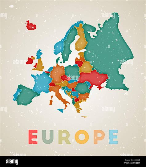 Europe map. Continent poster with colored regions. Old grunge texture. Vector illustration of ...