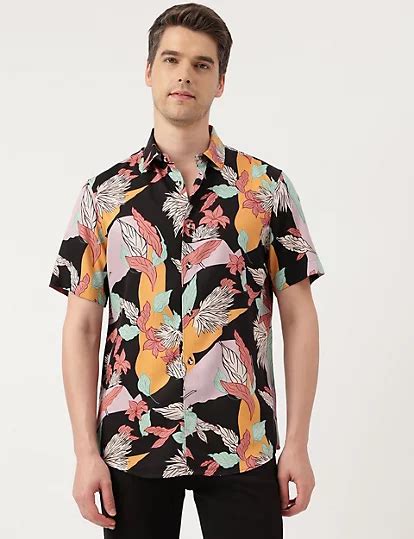 Viscose Leaves Print Spread Collar Shirt