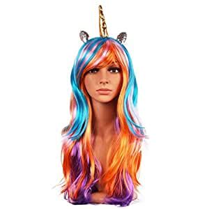 Cyruss Women Girls' Long Rainbow Unicorn Horn Wig Pony Costume ...