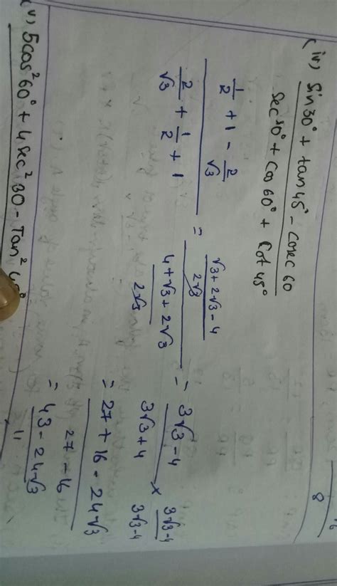 [Best Answer] sin 30 degree + tan 45 degree - cosec 60 degree divided ...