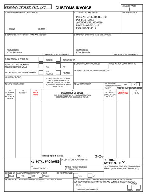 Perman Stoler CHB Customs Invoice Form - Fill Online, Printable ...