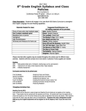 8th Grade English Syllabus and Class Policies Doc Template | pdfFiller