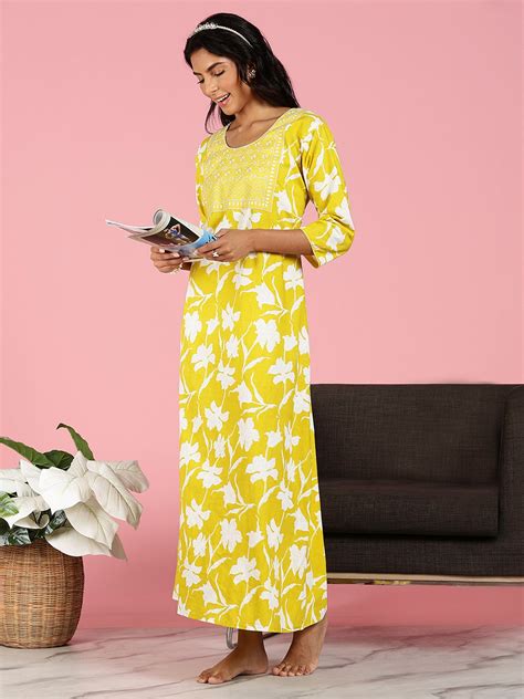 Buy Branded Sunshine Yellow Jaipuri Cotton Nighty for Women – 9shines label