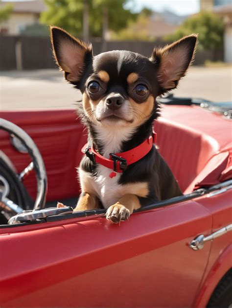 Black and Tan Chihuahua Driving a Red Convertible Car | AI Art Generator