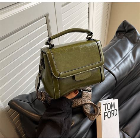 Vintage Olive Green Structured Shoulder Bag with Patterned Strap – Sukha